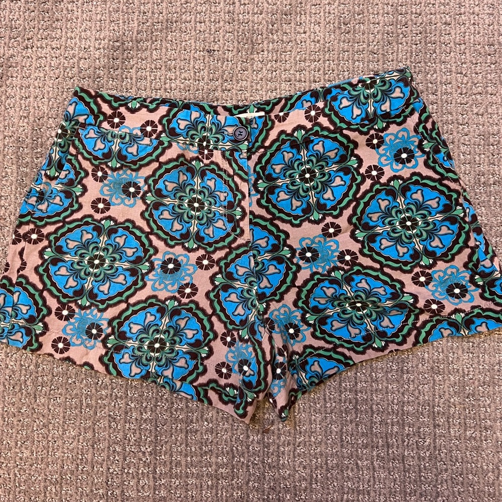 Blue, brown, and green Madison brand kaleidoscope pattern shorts